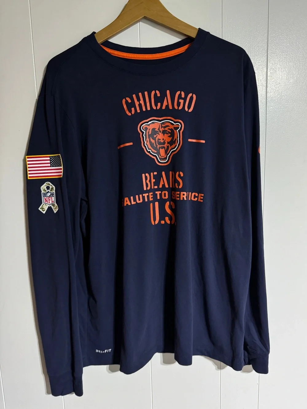 Nike Chicago Bears Long Sleeve Shirt Salute To Service Edition Navy Blue Veteran